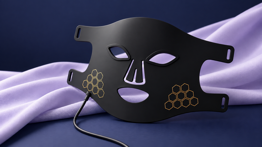 Tyxena LED light mask, navy and lavender studio setting